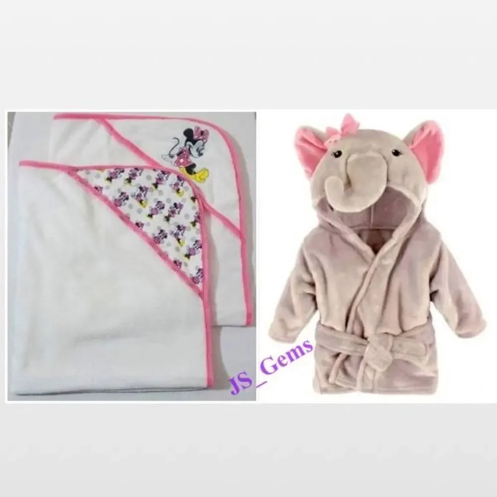 New Robe & Towels Bath Set Kid Baby 0-9 Months Girl Gray White Mini 4 Piece NWT